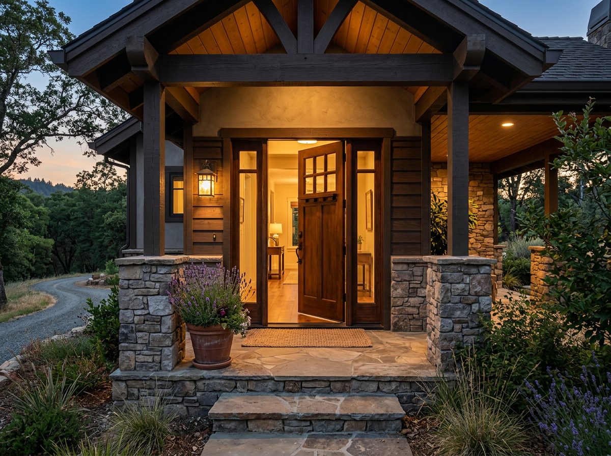 Inviting craftsman front entry of a foothill home at dusk near Prather