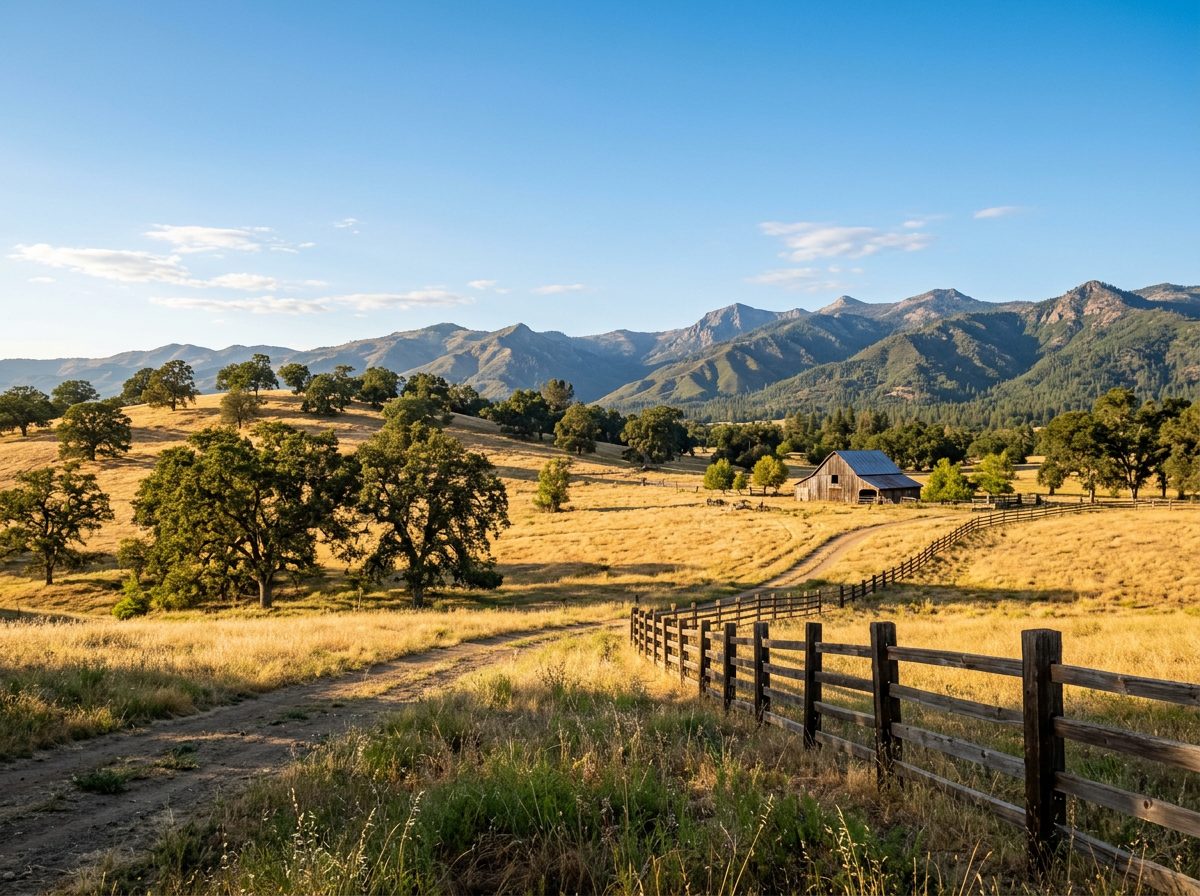 Golden oak-studded pastureland with the Sierra foothills rising behind, near Prather